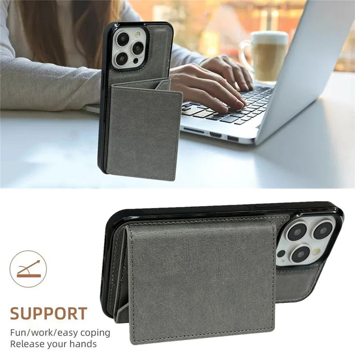 For iPhone 14 Pro Max Kickstand Case PU+TPU Phone Cover Detachable Card Bag - Grey - 7