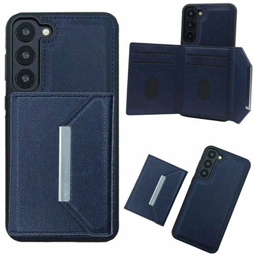 For Samsung Galaxy S22 5G Case with Detachable Card Bag Leather+TPU Phone Cover Kickstand - Sapphire - 1