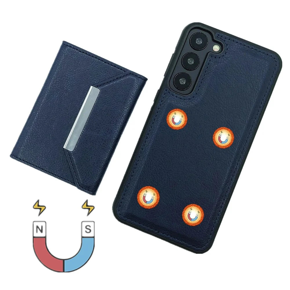 For Samsung Galaxy S22 5G Case with Detachable Card Bag Leather+TPU Phone Cover Kickstand - Sapphire - 2