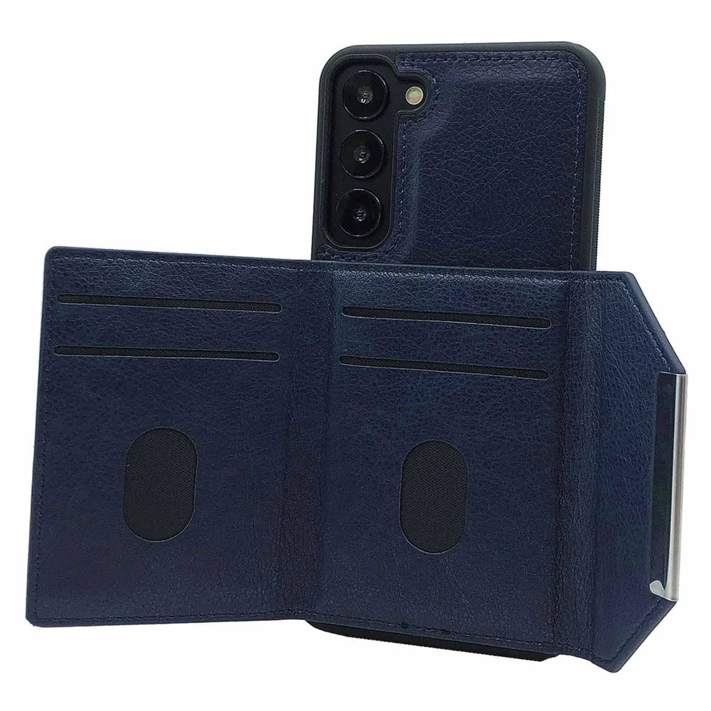 For Samsung Galaxy S22 5G Case with Detachable Card Bag Leather+TPU Phone Cover Kickstand - Sapphire - 3