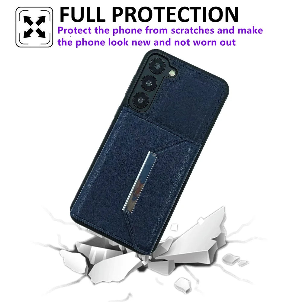 For Samsung Galaxy S22 5G Case with Detachable Card Bag Leather+TPU Phone Cover Kickstand - Sapphire - 6