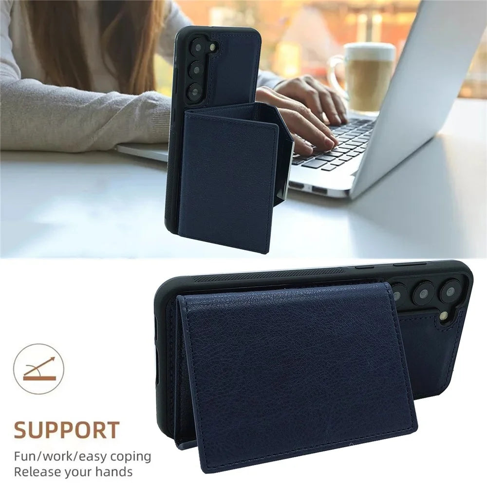 For Samsung Galaxy S22 5G Case with Detachable Card Bag Leather+TPU Phone Cover Kickstand - Sapphire - 7