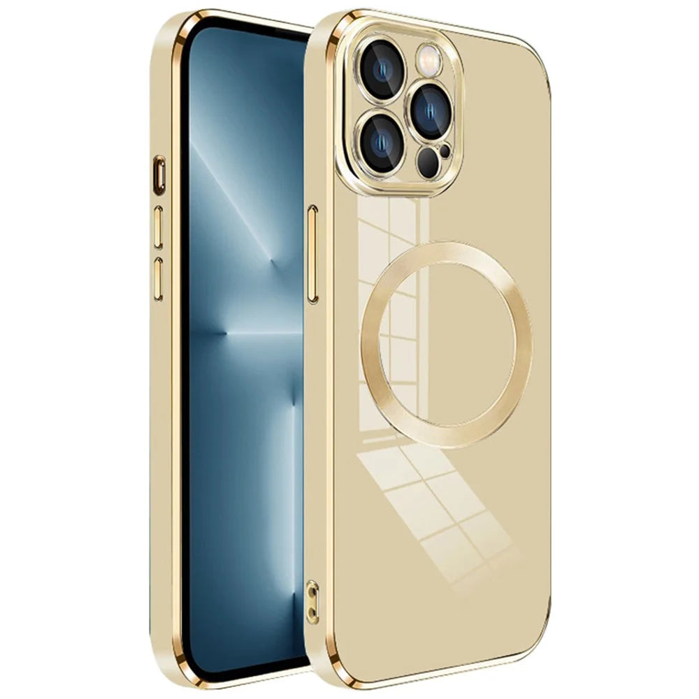 For iPhone 15 Pro Max TPU Case Electroplating Magnetic Phone Cover with Lens Protector - Gold - 1