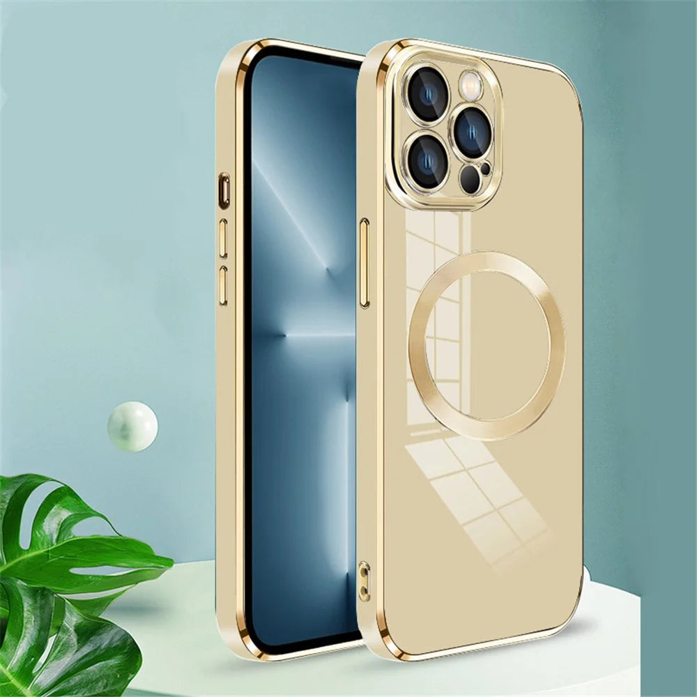 For iPhone 15 Pro Max TPU Case Electroplating Magnetic Phone Cover with Lens Protector - Gold - 2
