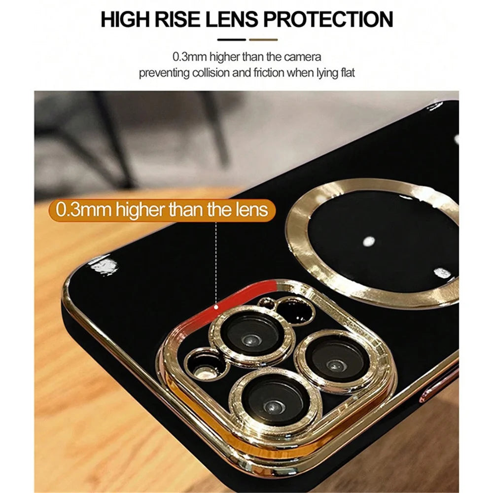 For iPhone 15 Pro Max TPU Case Electroplating Magnetic Phone Cover with Lens Protector - Gold - 4