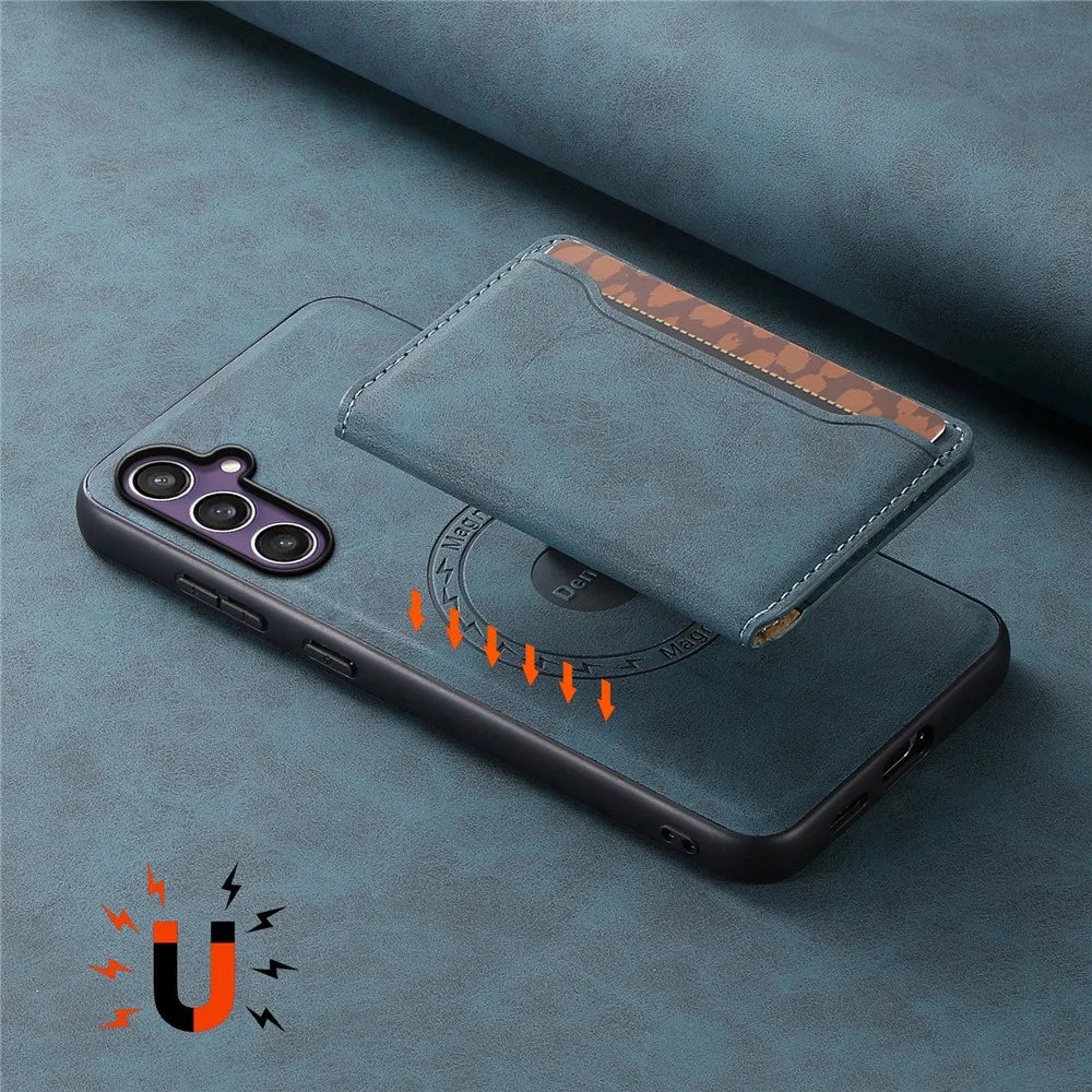 DENIOR D13 For Samsung Galaxy S24 Case Kickstand Retro Leather Back Cover Magnetic 2 in 1 Detachable - Blue - 7