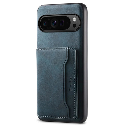 DENIOR D13 For Google Pixel 9 Pro / Pixel 9 Case Leather+PC+TPU Cover Phone Card Bag Kickstand - Blue - 1