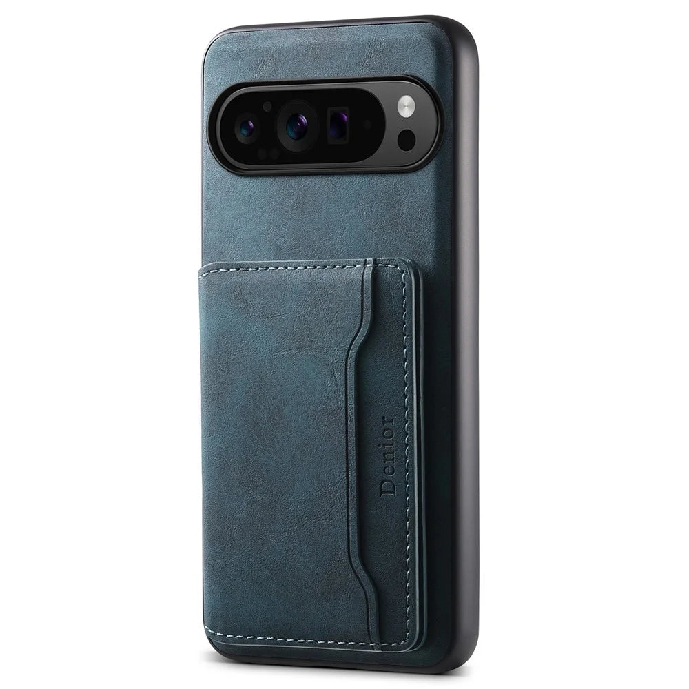 DENIOR D13 For Google Pixel 9 Pro / Pixel 9 Case Leather+PC+TPU Cover Phone Card Bag Kickstand - Blue - 1