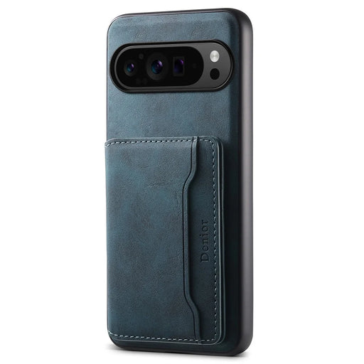 DENIOR D13 For Google Pixel 9 Pro / Pixel 9 Case Leather+PC+TPU Cover Phone Card Bag Kickstand - Blue - 1