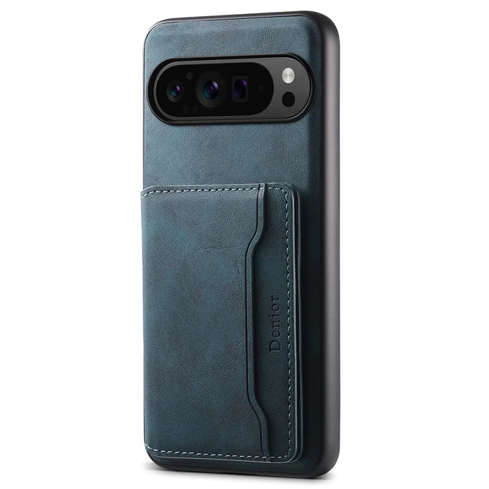 DENIOR D13 For Google Pixel 9 Pro / Pixel 9 Case Leather+PC+TPU Cover Phone Card Bag Kickstand - Blue - 1