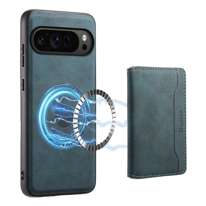DENIOR D13 For Google Pixel 9 Pro / Pixel 9 Case Leather+PC+TPU Cover Phone Card Bag Kickstand - Blue - 5