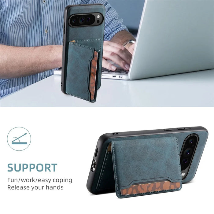 DENIOR D13 For Google Pixel 9 Pro / Pixel 9 Case Leather+PC+TPU Cover Phone Card Bag Kickstand - Blue - 6
