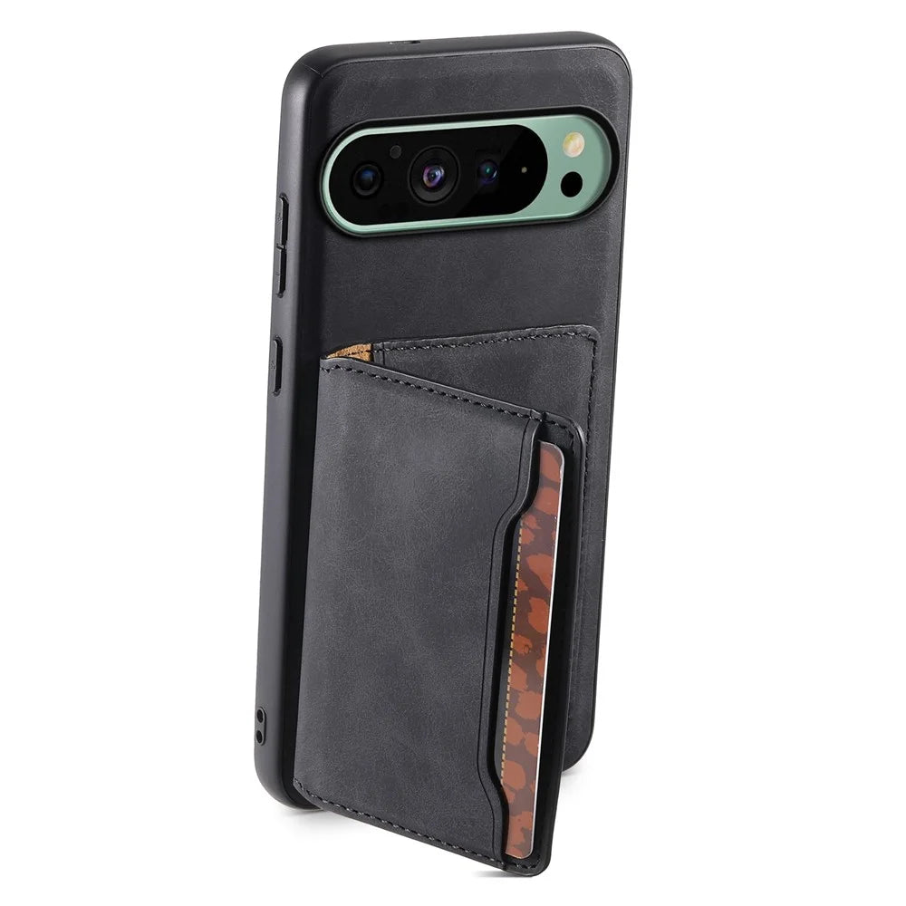 DENIOR D13 For Google Pixel 9 / 9 Pro Case Leather+PC+TPU Phone Cover Detachable Card Bag Kickstand - Black - 2