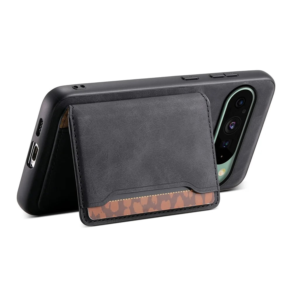 DENIOR D13 For Google Pixel 9 / 9 Pro Case Leather+PC+TPU Phone Cover Detachable Card Bag Kickstand - Black - 3