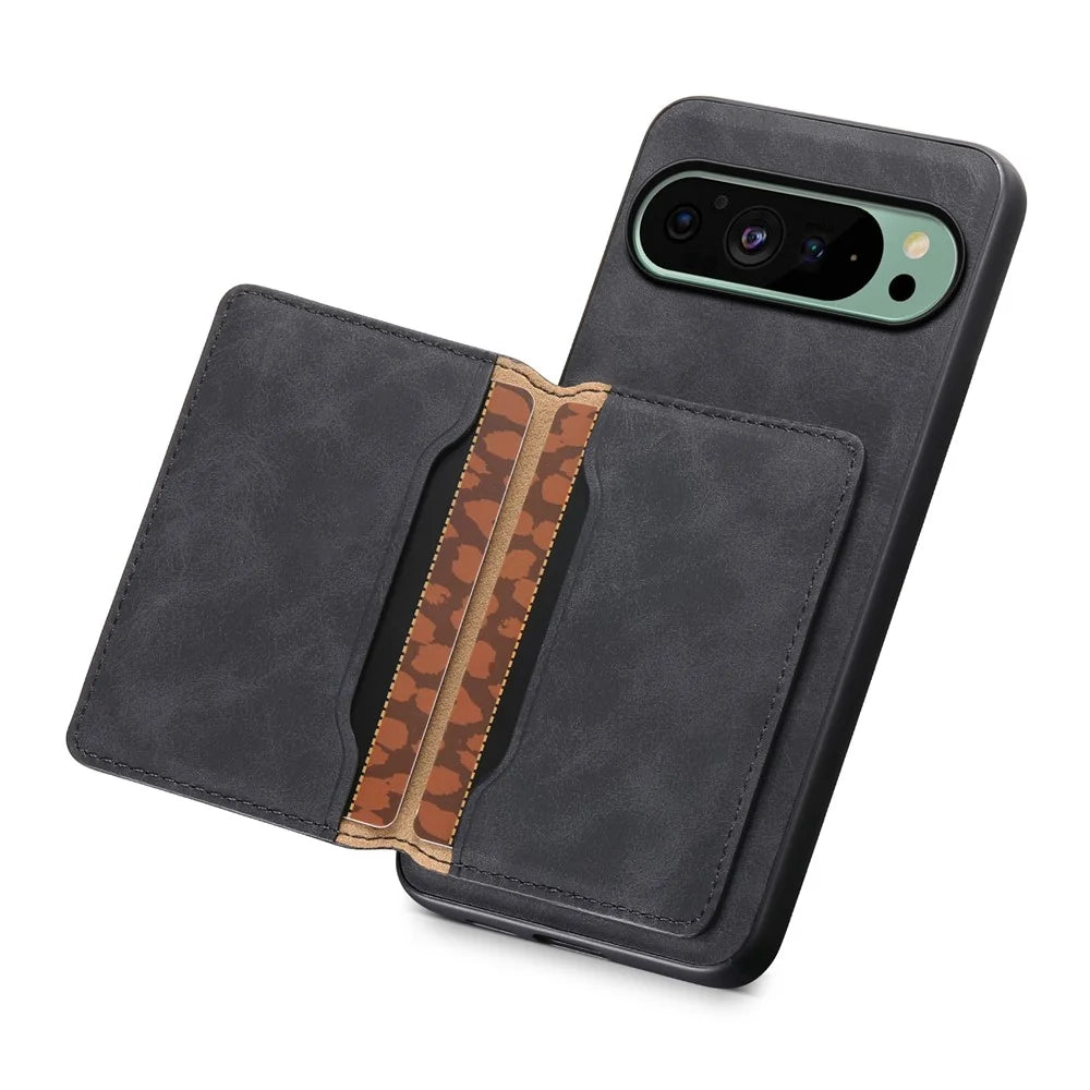 DENIOR D13 For Google Pixel 9 / 9 Pro Case Leather+PC+TPU Phone Cover Detachable Card Bag Kickstand - Black - 4