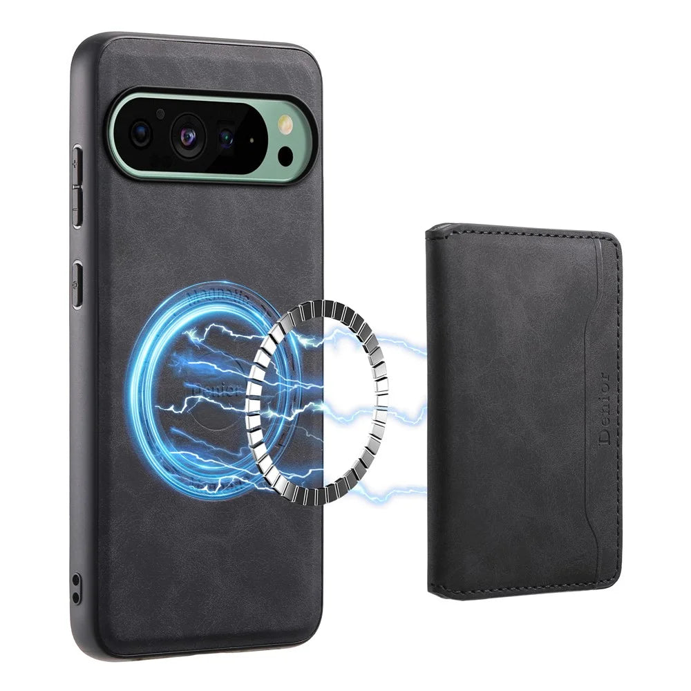DENIOR D13 For Google Pixel 9 / 9 Pro Case Leather+PC+TPU Phone Cover Detachable Card Bag Kickstand - Black - 5