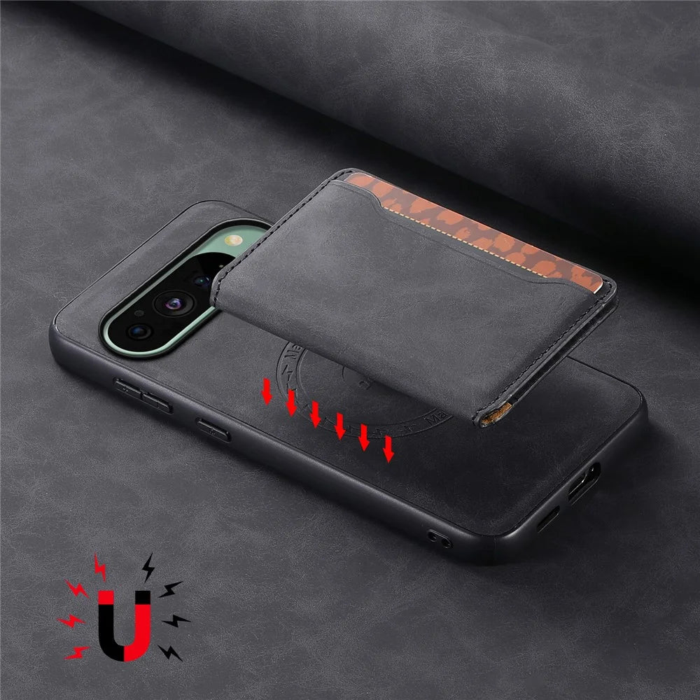 DENIOR D13 For Google Pixel 9 / 9 Pro Case Leather+PC+TPU Phone Cover Detachable Card Bag Kickstand - Black - 7