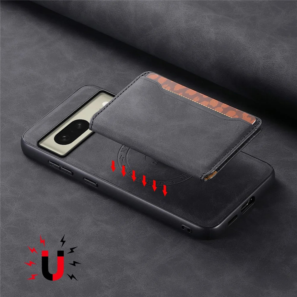 DENIOR D13 For Google Pixel 8 Case Detachable Magnetic Leather Back Cover Retro Texture - Black - 7