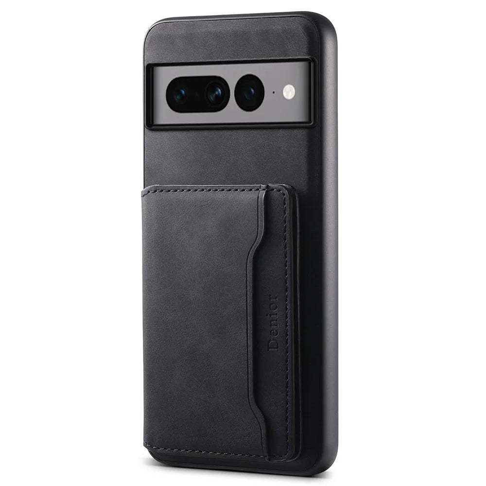 DENIOR D13 For Google Pixel 7 Pro 5G Case Magnetic Case Leather Back Cover Kickstand Card Holder - Black - 1