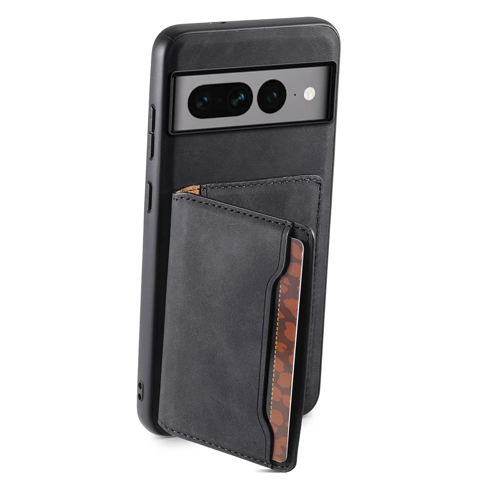 DENIOR D13 For Google Pixel 7 Pro 5G Case Magnetic Case Leather Back Cover Kickstand Card Holder - Black - 2