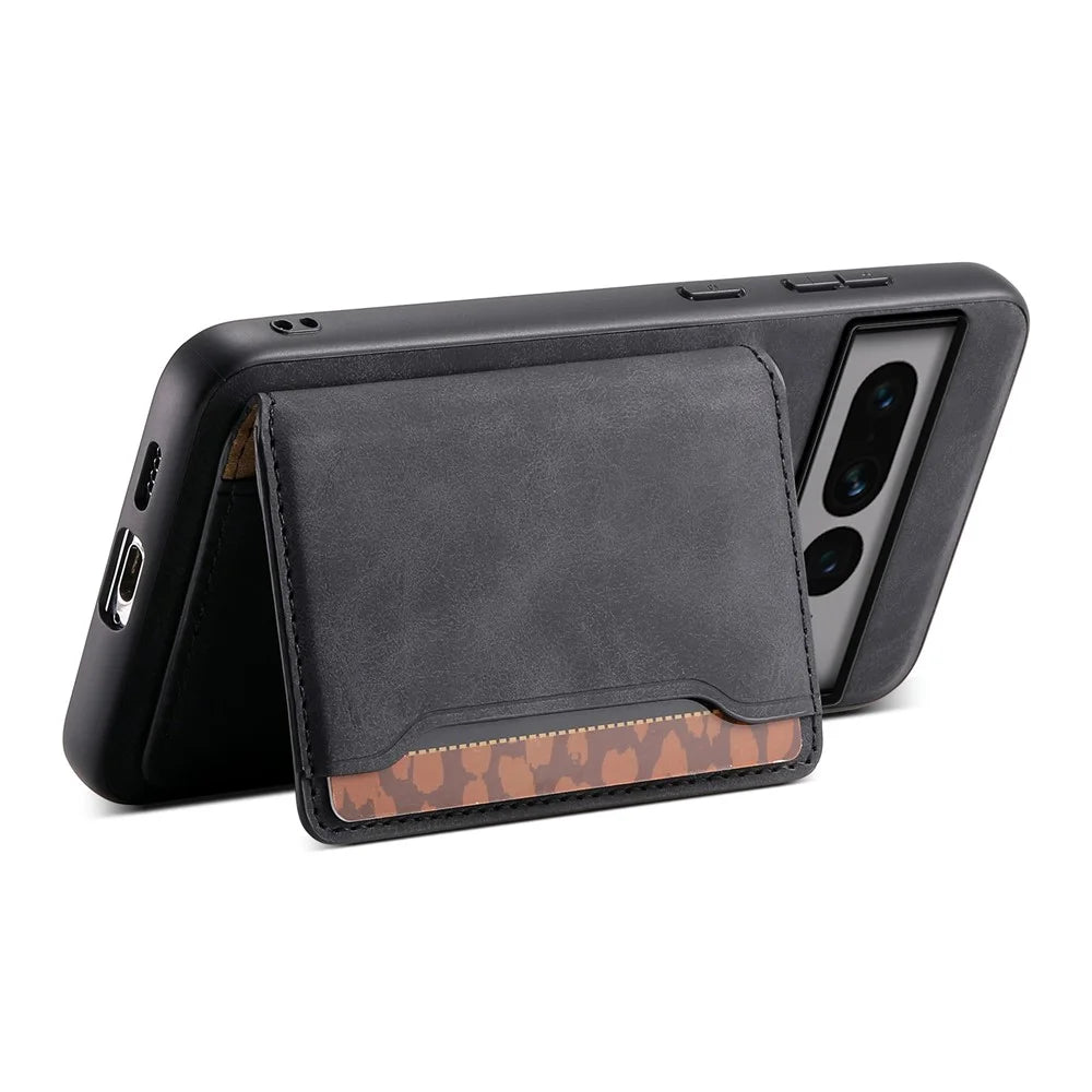DENIOR D13 For Google Pixel 7 Pro 5G Case Magnetic Case Leather Back Cover Kickstand Card Holder - Black - 3