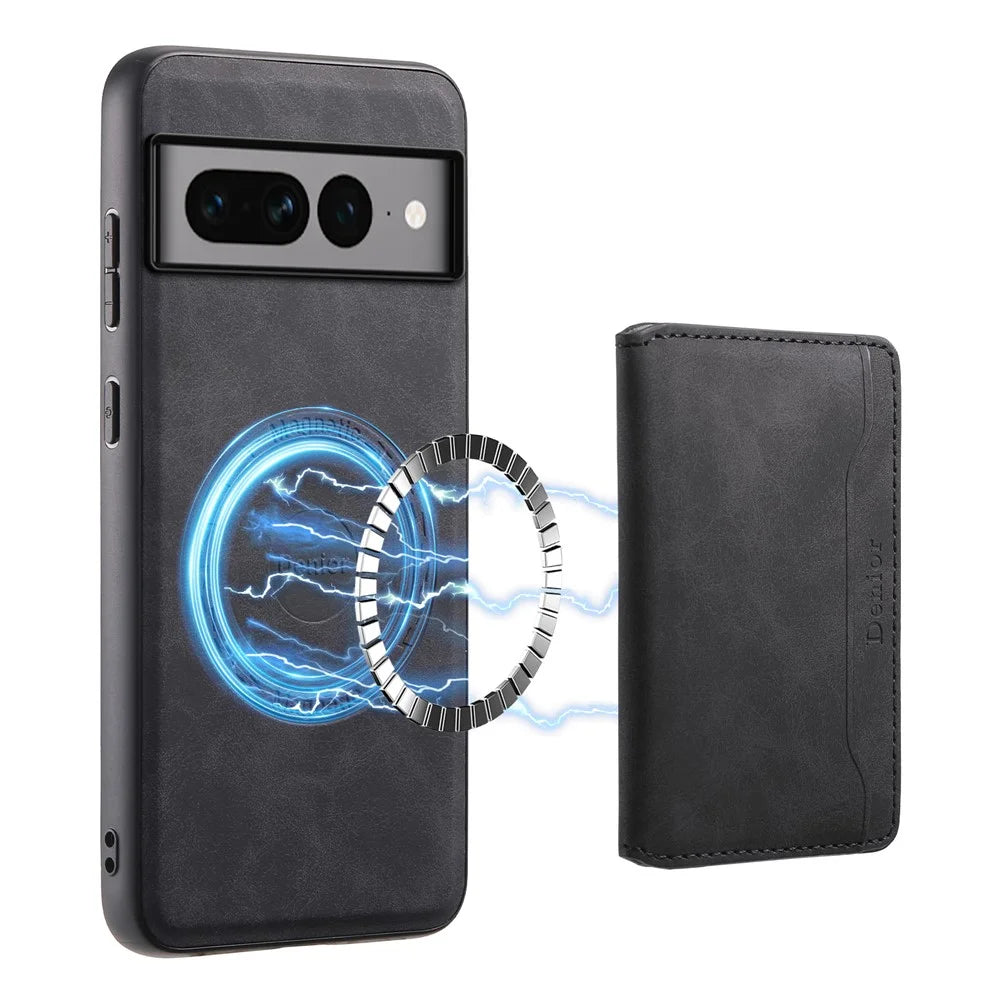 DENIOR D13 For Google Pixel 7 Pro 5G Case Magnetic Case Leather Back Cover Kickstand Card Holder - Black - 5