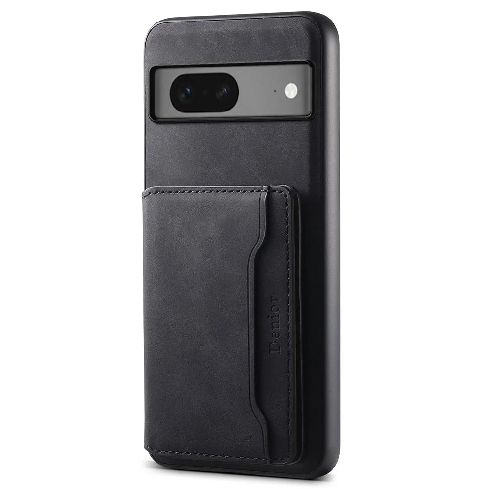DENIOR D13 For Google Pixel 7 5G Case Magnetic Card Holder Kickstand Leather Back Phone Cover - Black - 1