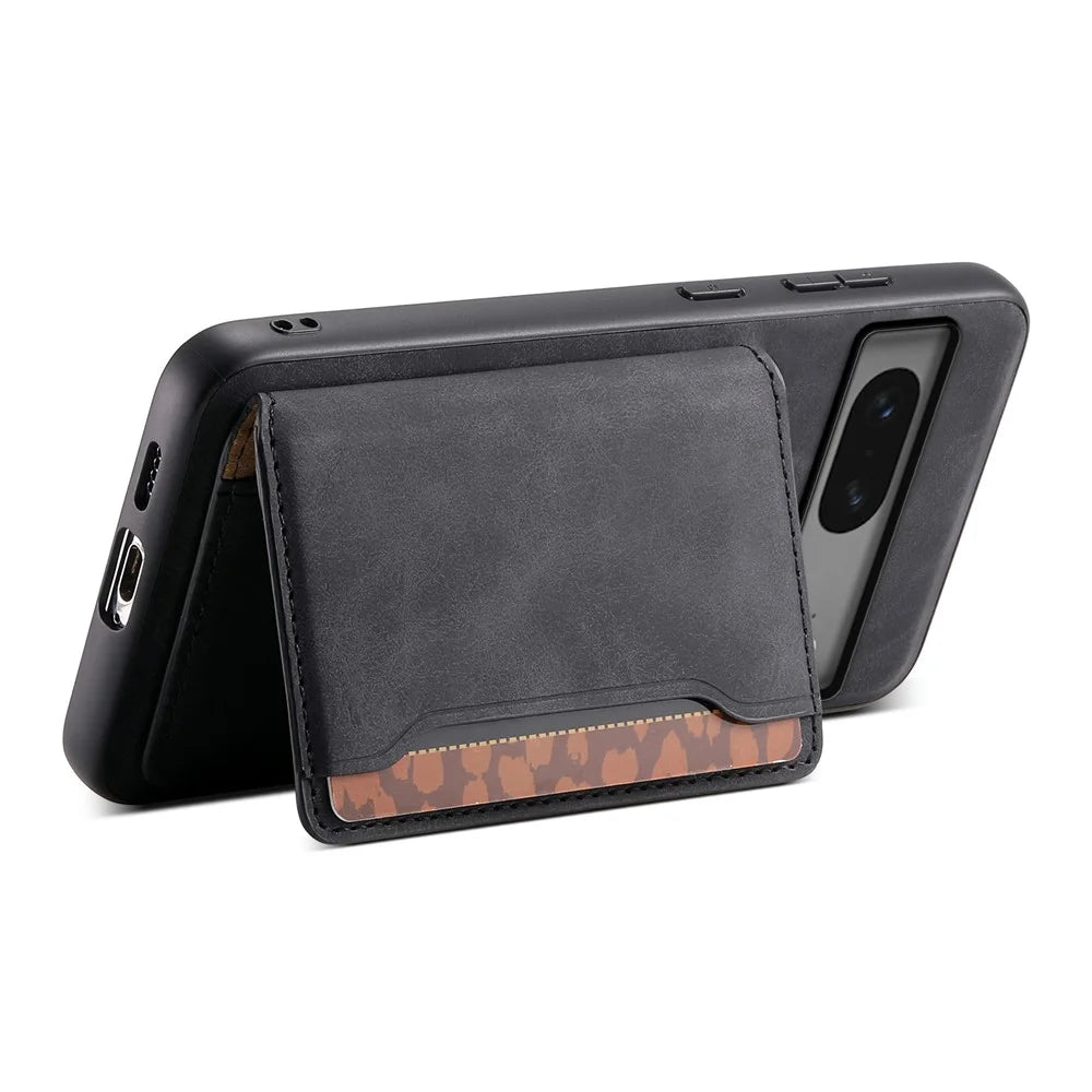 DENIOR D13 For Google Pixel 7 5G Case Magnetic Card Holder Kickstand Leather Back Phone Cover - Black - 3