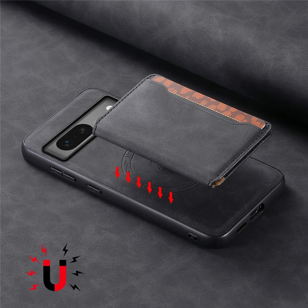 DENIOR D13 For Google Pixel 7 5G Case Magnetic Card Holder Kickstand Leather Back Phone Cover - Black - 7