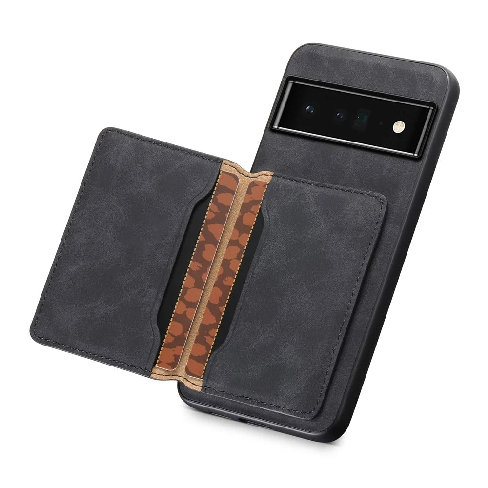 DENIOR D13 For Google Pixel 6 Pro 5G Retro Case Leather Phone Back Cover Detachable 2-in-1 Card Holder - Black - 4