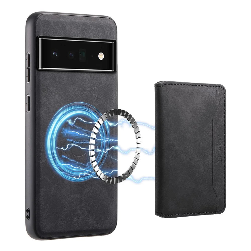DENIOR D13 For Google Pixel 6 Pro 5G Retro Case Leather Phone Back Cover Detachable 2-in-1 Card Holder - Black - 5