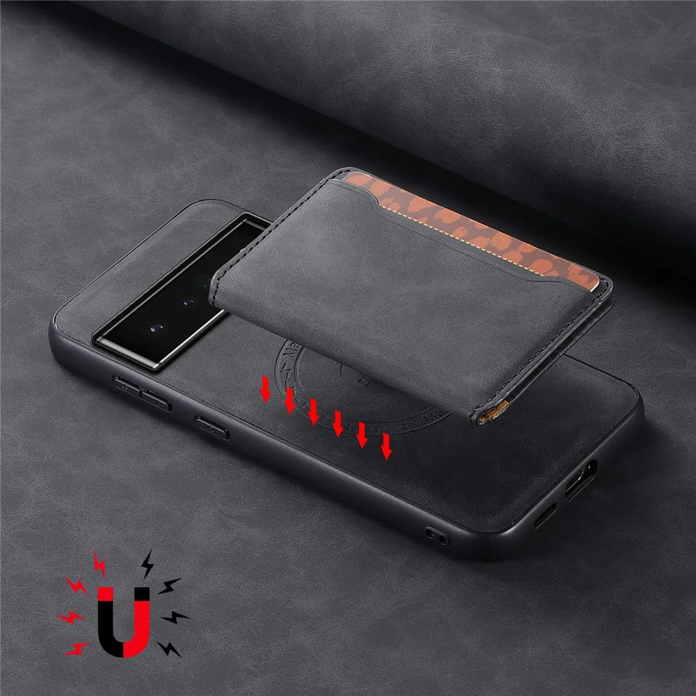 DENIOR D13 For Google Pixel 6 Pro 5G Retro Case Leather Phone Back Cover Detachable 2-in-1 Card Holder - Black - 7