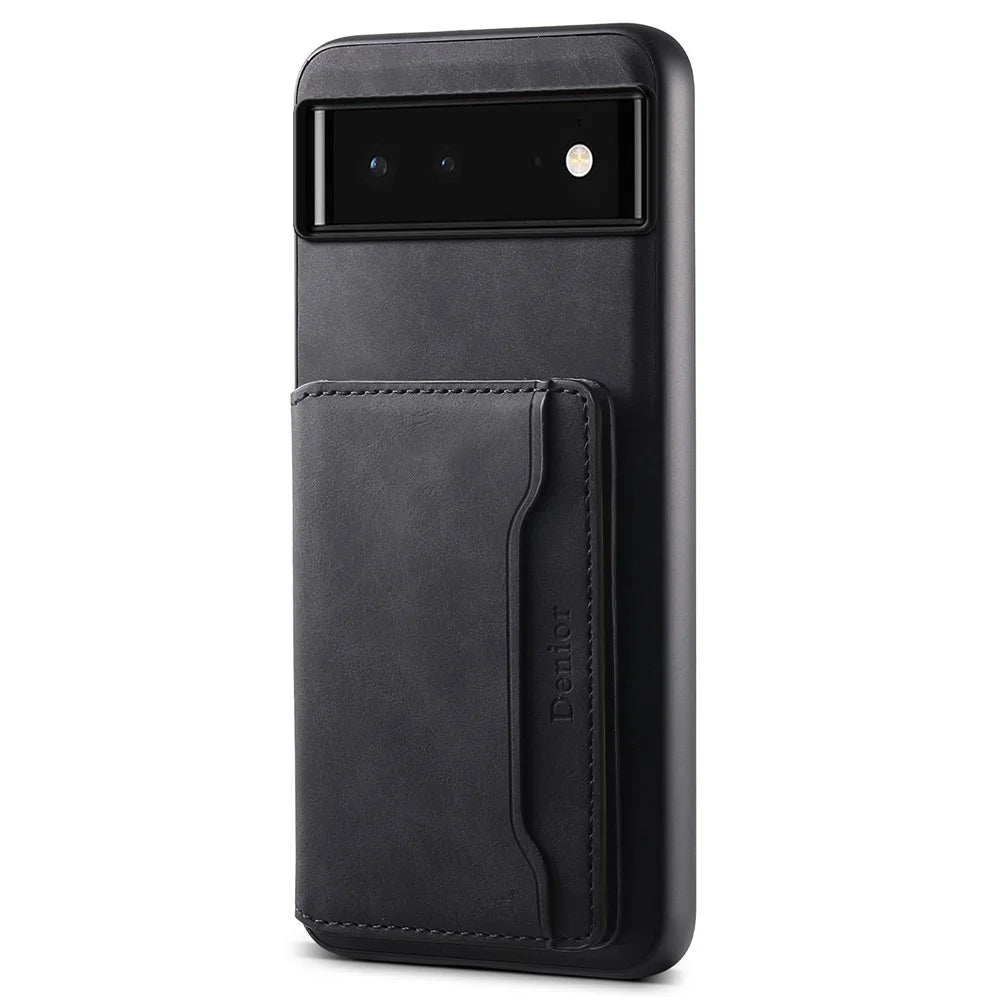 DENIOR D13 For Google Pixel 6 Case Leather+PC+TPU Phone Cover Detachable Card Bag Kickstand - Black - 1