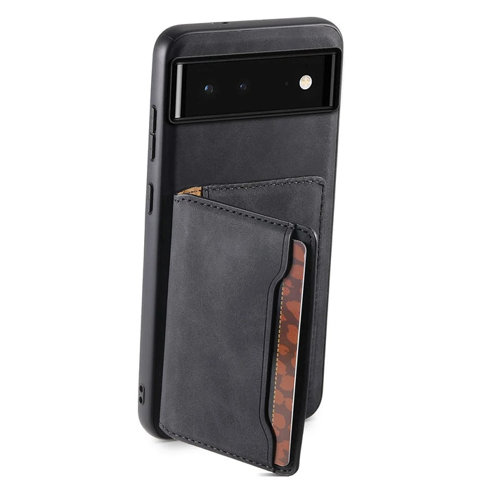 DENIOR D13 For Google Pixel 6 Case Leather+PC+TPU Phone Cover Detachable Card Bag Kickstand - Black - 2