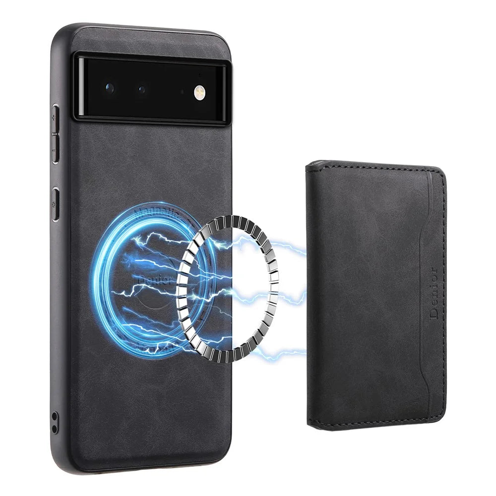 DENIOR D13 For Google Pixel 6 Case Leather+PC+TPU Phone Cover Detachable Card Bag Kickstand - Black - 5