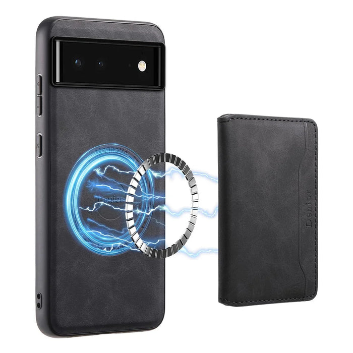 DENIOR D13 For Google Pixel 6 Case Leather+PC+TPU Phone Cover Detachable Card Bag Kickstand - Black - 5