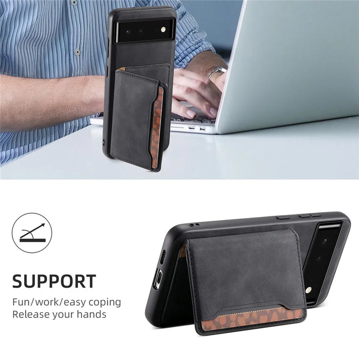 DENIOR D13 For Google Pixel 6 Case Leather+PC+TPU Phone Cover Detachable Card Bag Kickstand - Black - 6