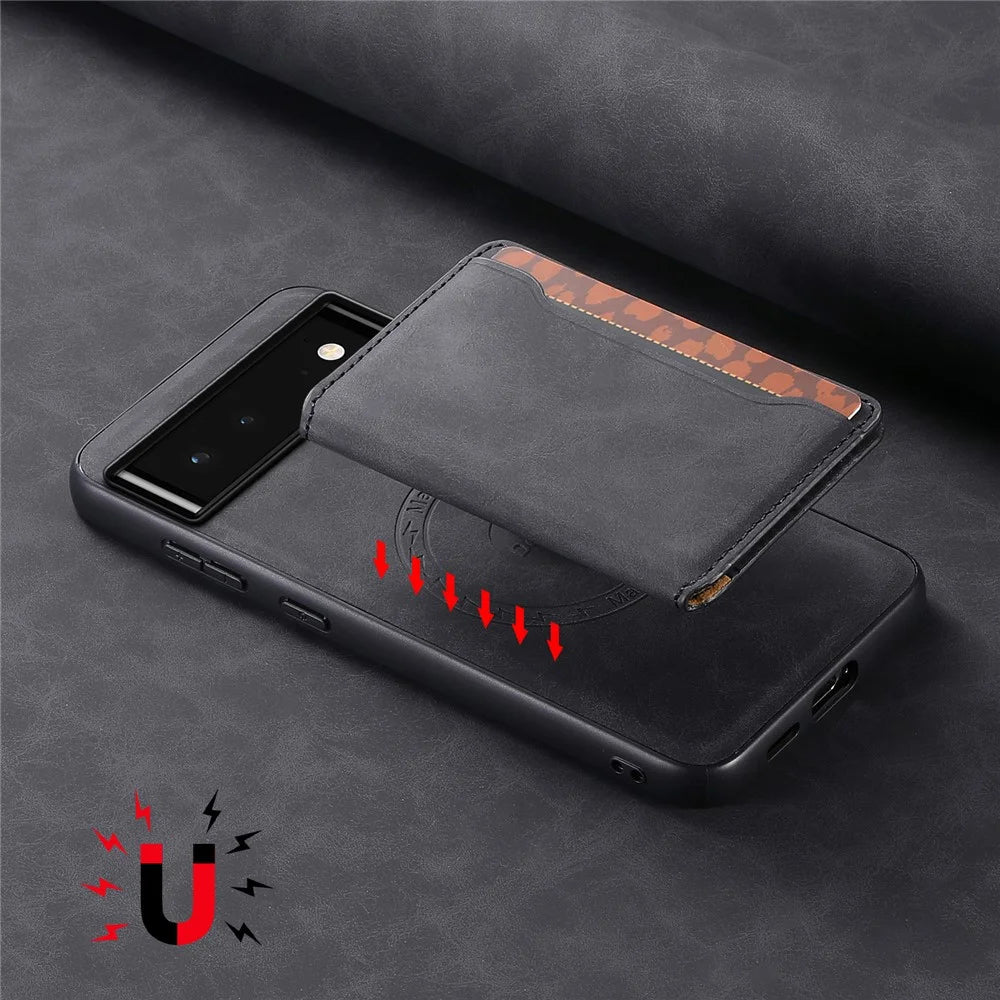 DENIOR D13 For Google Pixel 6 Case Leather+PC+TPU Phone Cover Detachable Card Bag Kickstand - Black - 7