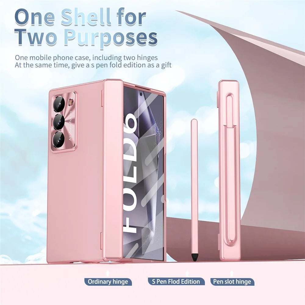 For Samsung Galaxy Z Fold6 5G Phone Case Hard PC Phone Cover with Tempered Glass Film / Stylus - Pink - 5