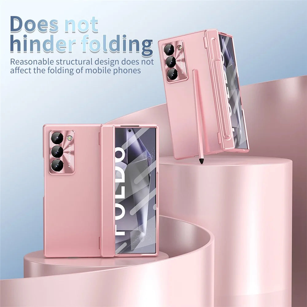 For Samsung Galaxy Z Fold6 5G Phone Case Hard PC Phone Cover with Tempered Glass Film / Stylus - Pink - 6