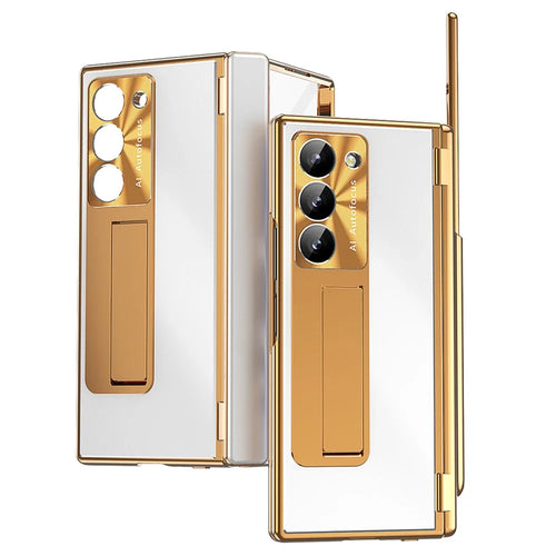 For Samsung Galaxy Z Fold6 5G Case Aluminum Alloy Phone Cover with Tempered Glass Film and Stylus - Gold+Silver - 1