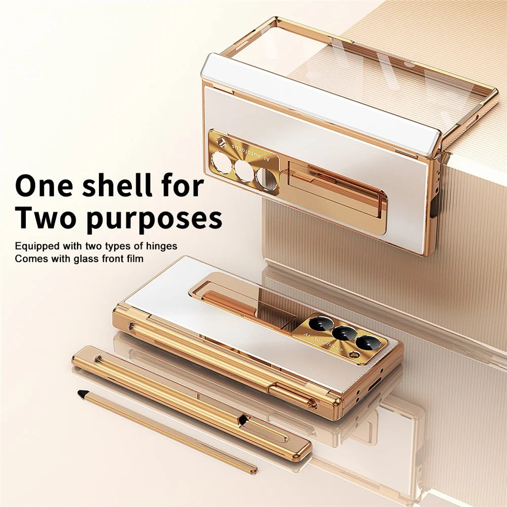 For Samsung Galaxy Z Fold6 5G Case Aluminum Alloy Phone Cover with Tempered Glass Film and Stylus - Gold+Silver - 3
