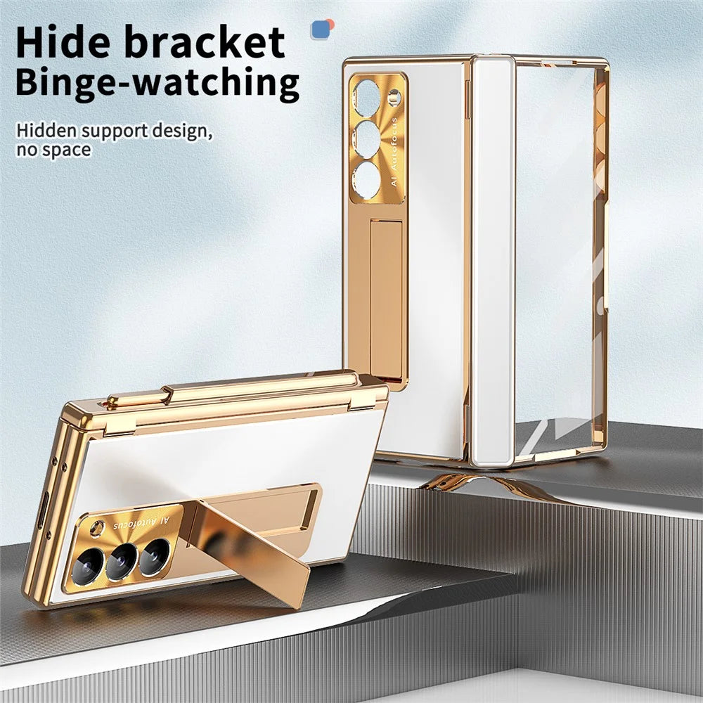 For Samsung Galaxy Z Fold6 5G Case Aluminum Alloy Phone Cover with Tempered Glass Film and Stylus - Gold+Silver - 6