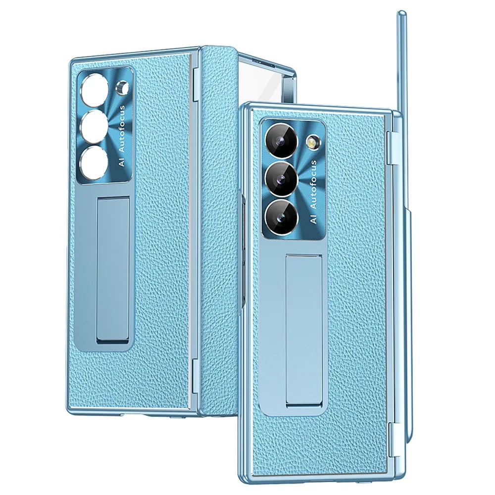 For Samsung Galaxy Z Fold6 5G Case Hinge Protection PU+PC Phone Cover with Stylus - Blue - 1