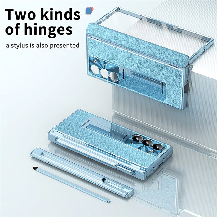 For Samsung Galaxy Z Fold6 5G Case Hinge Protection PU+PC Phone Cover with Stylus - Blue - 3