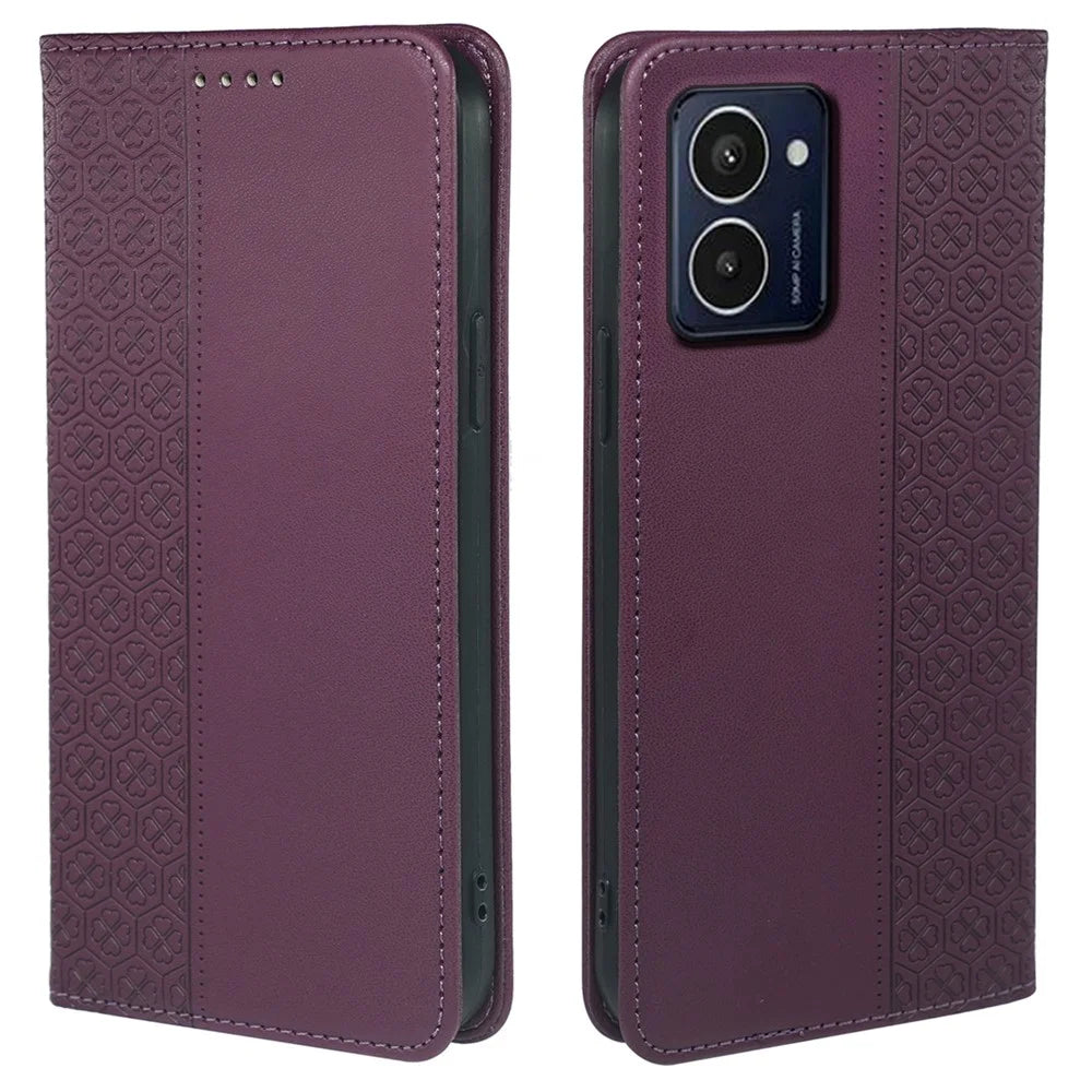 For HMD Pulse / Pulse+ Case Wallet Leather Phone Cover Lucky Clover Imprinting - Dark Purple - 1