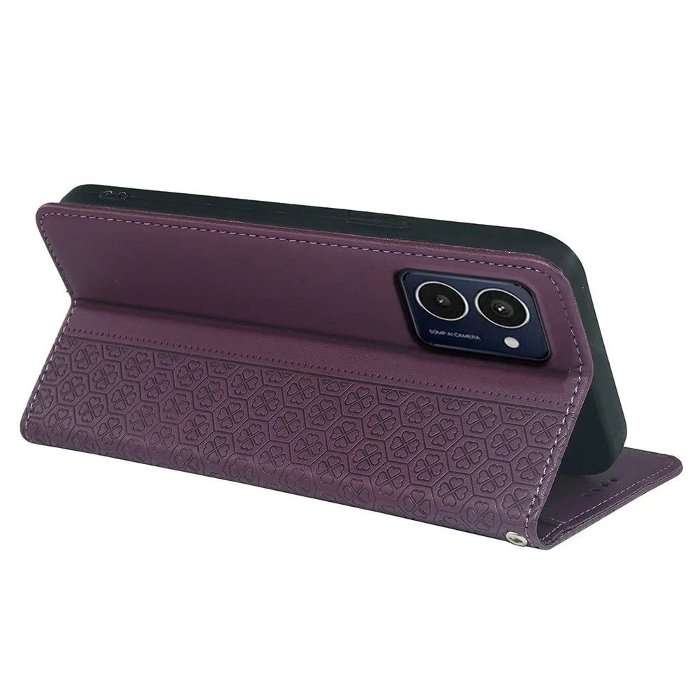 For HMD Pulse / Pulse+ Case Wallet Leather Phone Cover Lucky Clover Imprinting - Dark Purple - 4