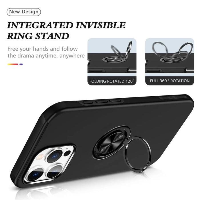 For iPhone 16 Pro Case Kickstand PC+TPU Phone Cover Magnetic Car Mount - Black - 7