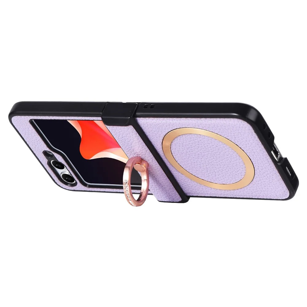 For Samsung Galaxy Z Flip7 FE 5G / Z Flip6 5G Magnetic Case with Ring Kickstand Leather + PC Phone Cover Hinge Protection - Purple - 3