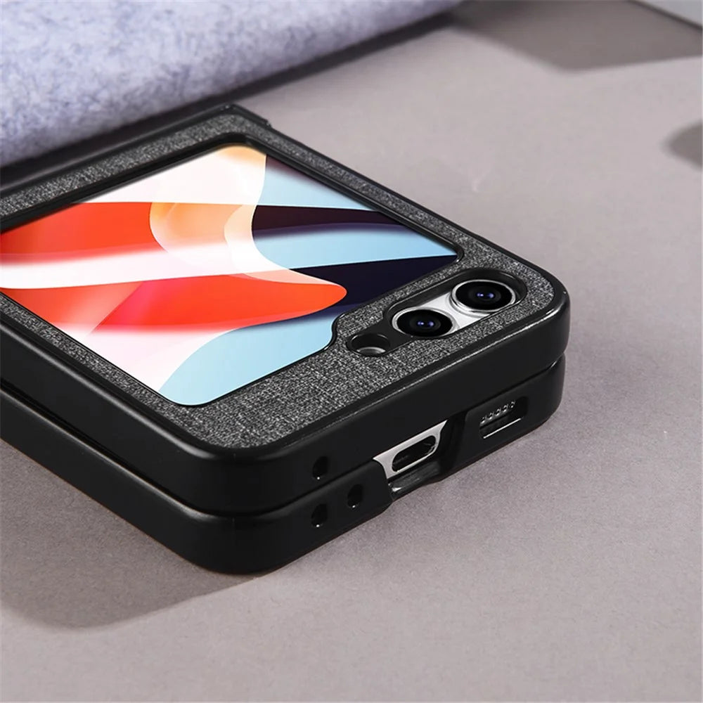 For Samsung Galaxy Z Flip7 FE 5G / Z Flip6 5G Case Leather+PC Phone Cover with Rear Screen Film and Hinge - Black - 6